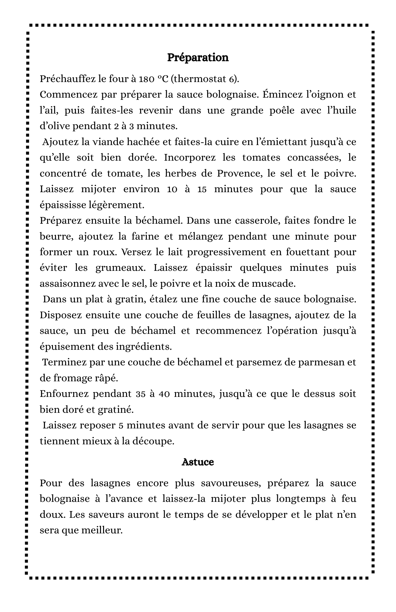 Recette de lasagne manuscrite